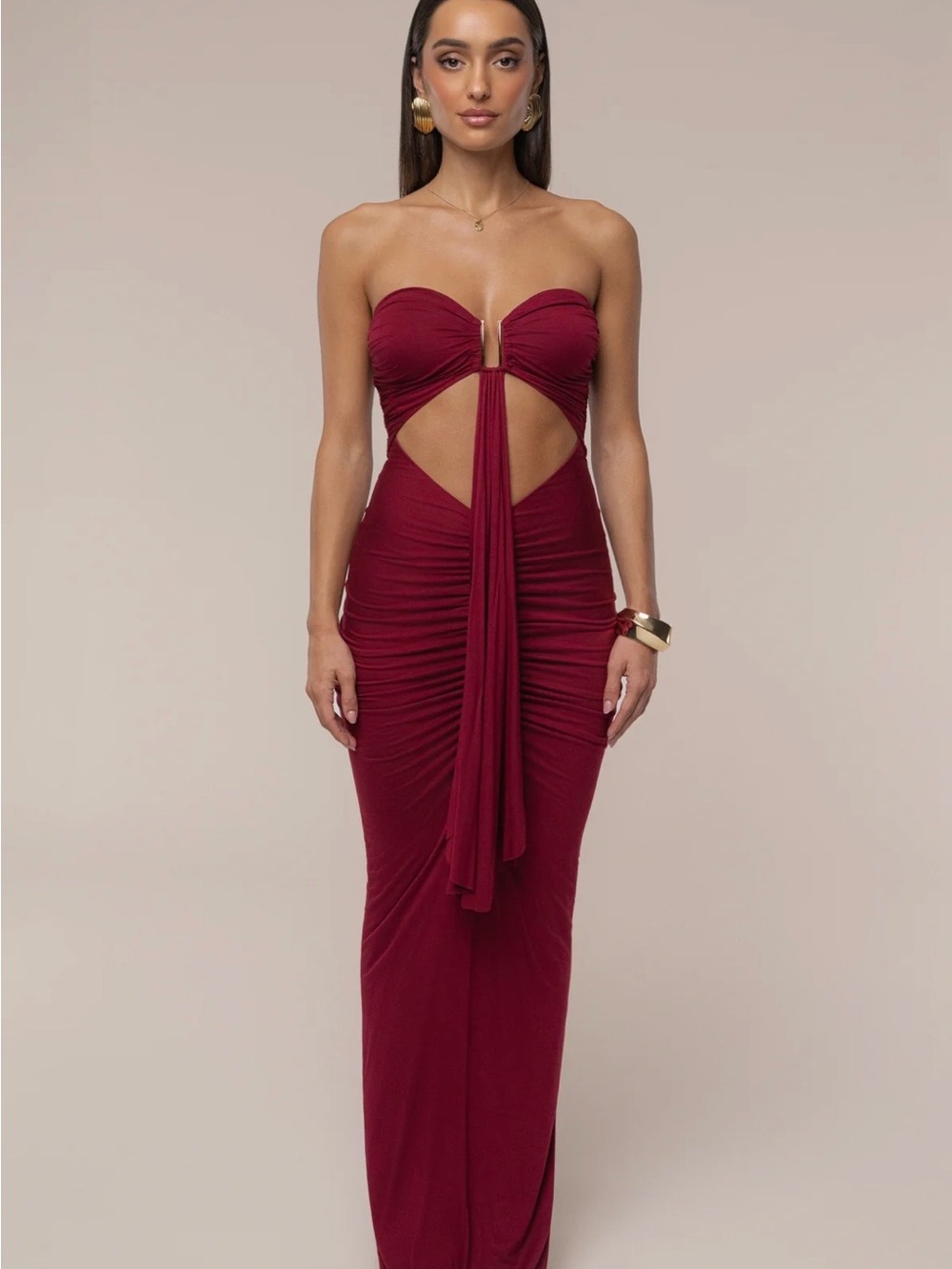 JLUXLABEL- Burgundy Atlantis Drape Maxi
Dress